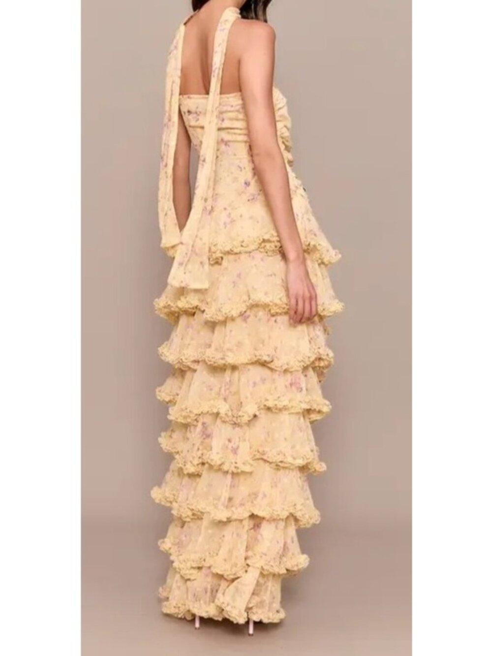 PrettyLittleThing Pastel Yellow Chiffon Floral Print Tiered Frill Maxi Dress 12 - Picture 5 of 10